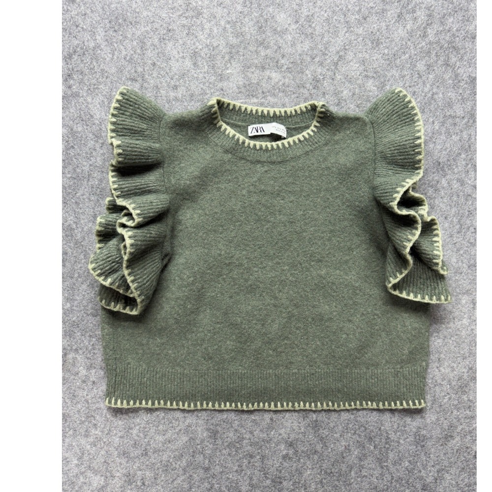 Zara Green Ruffle Cap Sleeve Knit Vest Wool Blend Blanket Stitch Sweater Large